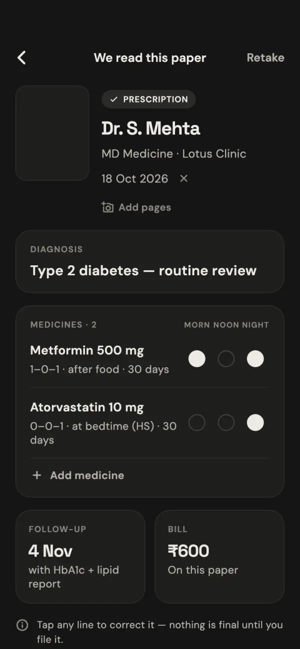 A prescription read by Nabz: Dr. S. Mehta, two medicines with morning, noon and night marks, and a follow-up on 4 November